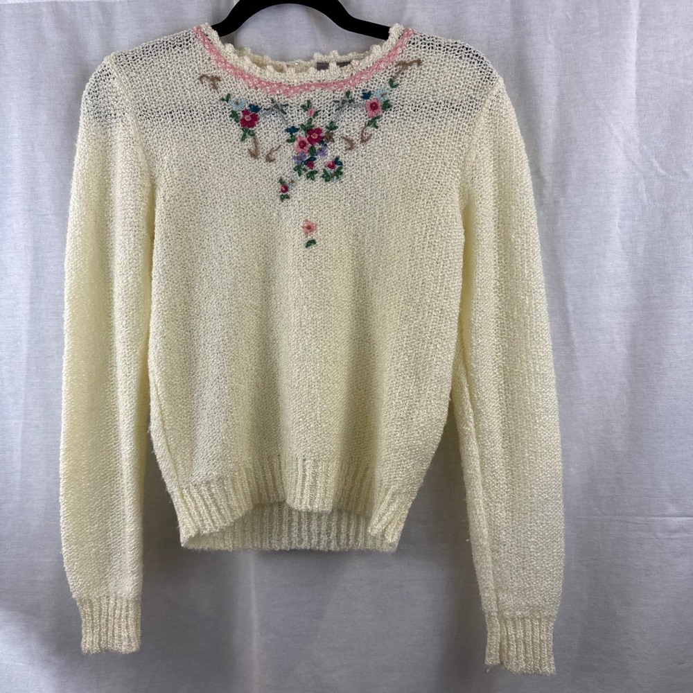 80's Vintage Floral‎ Grandma Embroidered Knit Sweater Women's 100% Acrylic Small